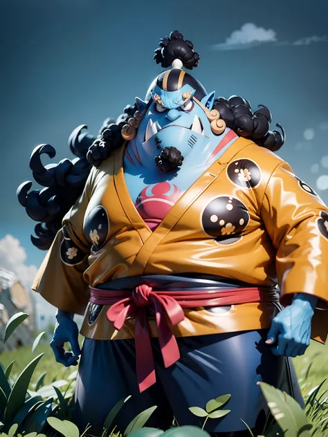 masterpiece, best quality, ultra-detailed, jinbei, jinbei oyabun 1boy, solo, Full body, smile, blue skin, wearing suits, detailed face, day, full body, looking at viewer, male focus, open fields, grass, perfect hands, perfect face, background japanese trad...