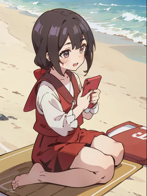 A girl sitting on the beach playing with her phone，ssmile，finely detailed facial features，夏天，