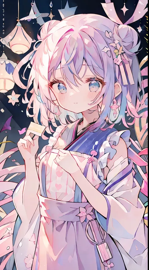 one girl、２2 hairs、bun hair、purple hair、pink inner color、light blue  eyes、小柄、sano、active、laugh、a smile、geometric pattern backgrou...