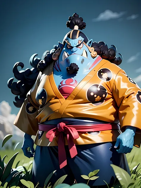 masterpiece, best quality, ultra-detailed, jinbei, jinbei oyabun 1boy, solo, Full body, smile, blue skin, wearing suits, detailed face, day, full body, looking at viewer, male focus, open fields, grass, perfect hands, perfect face, background japanese trad...