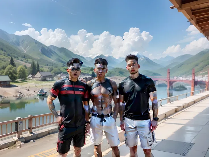 the three took a group photo on the platform and bridge at the foot of the mountain，behind are magnificent mountains，accompanied...