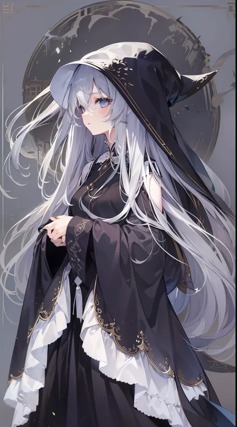 Girl in a dream。I have long silver hair。Im dressed as a ghost。Im looking languidly。It is an illustration of the highest quality。It is a beautiful illustration。Wearing a black cloth
