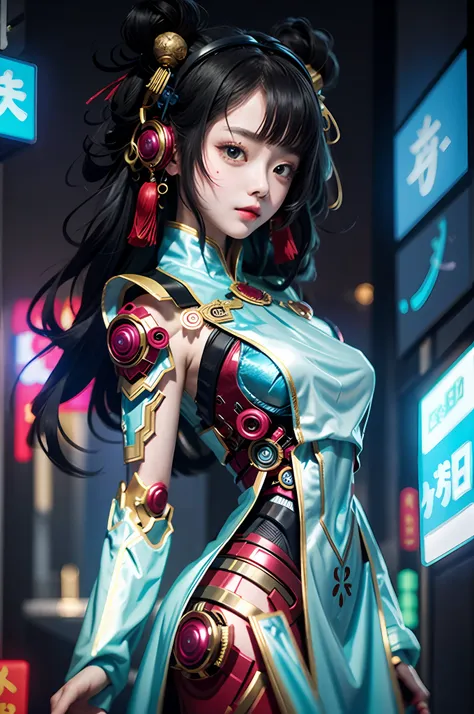 a girl, full body, clear facial features, amazing facial features, beautiful eyes, ancient chinese costumes, chinese cyberpunk, ...