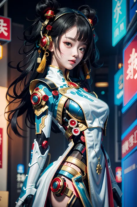 a girl, full body, clear facial features, amazing facial features, beautiful eyes, ancient chinese costumes, chinese cyberpunk, ...