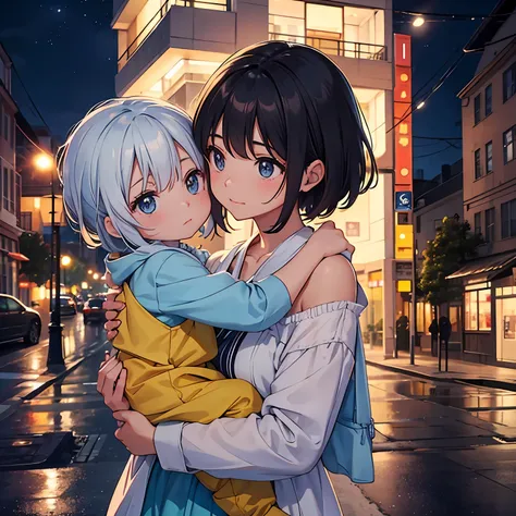 There was a woman holding a baby on the street, a photo by Emma Andijewska, Tumblr, Happening, With a child, calm evening. over the shoulder shot, hug, video still, YouTube video screenshots, Wonderful, night time footage, Hugging, during night, In the eve...