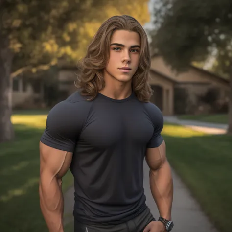 An 18-year-old boy bodybuilder, embodying the perfect fusion of Joey Lawrence and Cody Calafiore with long hair, exuding an aura of strength and confidence. Enhanced with HDR technology, this image depicts a true masterpiece, 4K resolution, outdoor lightin...