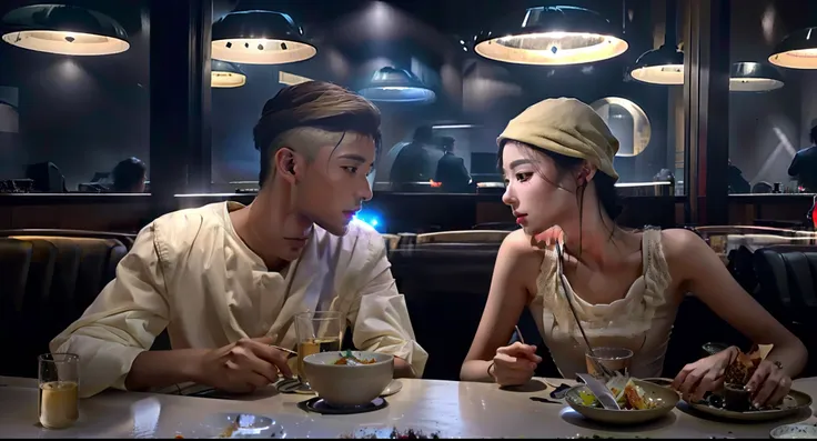 a man and a woman sit in a dimly lit tech restaurant eating。only the side faces of the two were seen, surrealism, high detail, m...