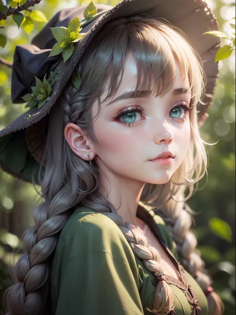 (cute girl in braids wearing green witch hat), simple green witch hat, (simple green witch robe), play the lute, (​masterpiece、s...