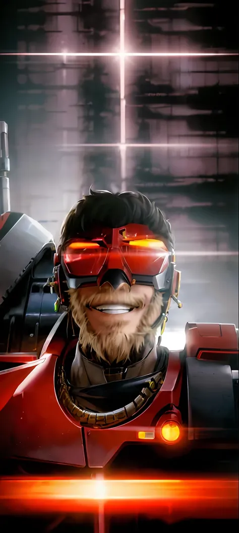 Masterpiece, best quality, 1 boy, grin, dramatic lighting ,epic, cyborg, mecha, machinery, robot, weapon, earrings,