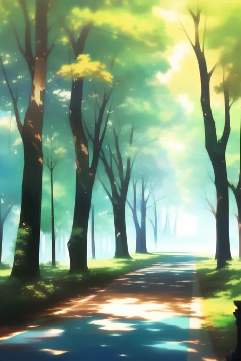 a painting of a park，there are trees and benches in the middle, anime nature wallpap, anime background art, anime nature, anime ...