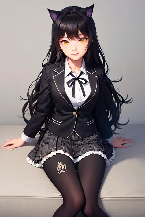 (masterpiece, best quality:1.2), solo, 1girl, blake belladonna, slight smile, closed mouth, looking at viewer, cat ears, school uniform, black blazer, neck ribbon, plaid skirt, pantyhose