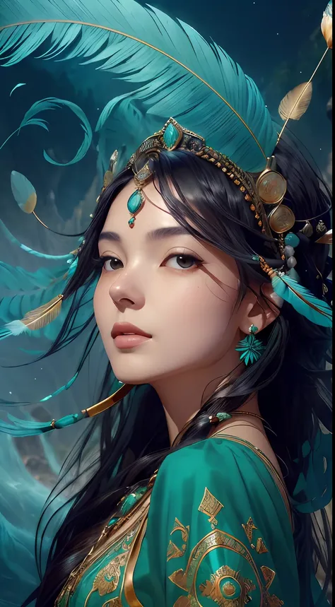 (highest quality, award-winning, masterpiece: 1.5), ultra-high resolution, (a fair-skinned girl: 1.2), long black hair, long hair floating (gorgeous face), calm, green long dress, turquoise, tribal ornaments, (feathers in hair: 0.4), headdress: 0.33, emera...