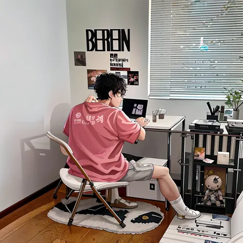 There was a man sitting at his desk,holding laptop, studyng in bedroom, apartment of an art student, Cai Xukun, twitch streamer / gamer ludwig, korean artist, lawther sit at table playing dnd, chinese artist, sitting in bedroom, realism art, sitting at a c...