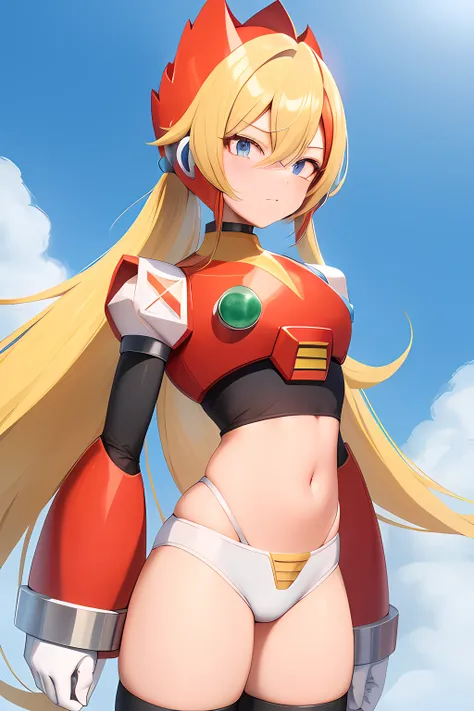 zero_Megamanx, 1st grade, sozinho, gorota bonita, olhos azuis, blonde hair, rabo-de-cavalo, cabelos muito longos, cabelos longos, capacete, android, Foco feminino, furioso, master part, alta qualidade,