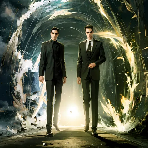 Neo versus agente smith- real, um olhando para o outro, frente a frente, numa montanha, around lots of codes, Matrix Codes, super realista, 8k,detalhes, detalhado, motivacional, impressionante, ultra real, detalhes da roupa, inspirador, autentique, Neo/rou...