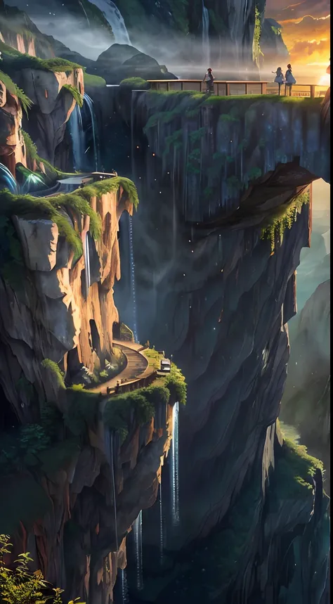 Movie, Relaxation Concept Art, Very Detailed Multiplayer Scene Interactivity, (Man), Woman, Beautiful Artwork Illustration, Detailed Landscape, Highly Detailed Scene, Environmental Design Illustration, Nature, Center Epic Building, Warmth, Night Glow, Orig...