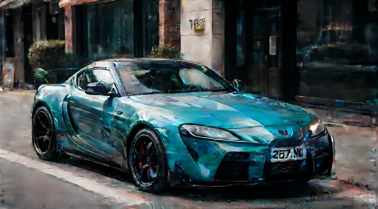 um close up de um carro esportivo azul estacionado em uma rua da cidade, toyota supra, cor ( sony um 7 r iv, tiro em sony a 7 ii...