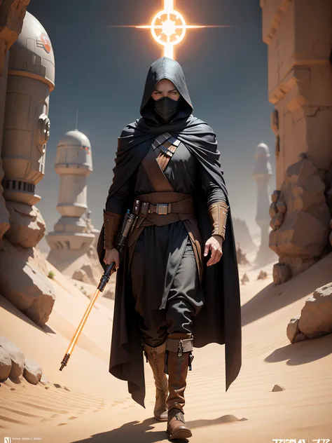 star wars poster，125 years old man，a man in a hoodie walks in the desert, fantasy style 8 k octane render, hq 4k wallpaper, (ren...