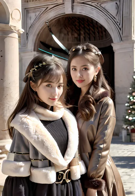 (Positive focus, Original photo), (2girls,duo,navel,Enter the Pantheon in Rome,crowd,winter,Snow),Surrealistic Female Portraits by David Hockney and Alphonse Mucha, Fantasy art,Wear gorgeous furs, (shiny pupils: 1.4, Big eyes: 1.1), Photo fidelity, Dynamic...