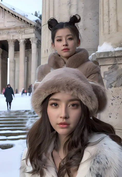 (positive focus, original photo), (2girls,duo,navel,enter the pantheon in rome,crowd,winter,snow),surrealistic female portraits ...