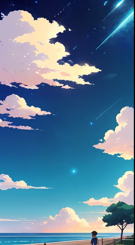 There is a picture of the sky with clouds and stars, space sky. By Makoto Shinkai, Anime Sky, Anime Clouds, Blue Sea. Makoto Shinkai, Makoto Shinkais style, Makoto Shinkais style, Los Tran. Inspired by the scenic background, Makoto Shinkai, Makoto Shinkai....