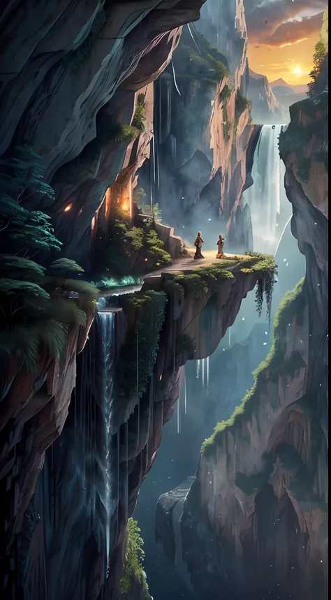 Movie, Relaxation Concept Art, Very Detailed Multiplayer Scene Interactivity, (Man), Woman, Beautiful Artwork Illustration, Detailed Landscape, Highly Detailed Scene, Environmental Design Illustration, Nature, Center Epic Building, Warmth, Night Glow, Orig...