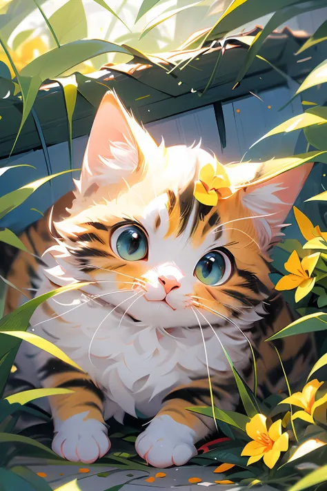 1cat, solo, flower, small yellow flower, sportrait, foliage, yellowflower, the cat is in the middle