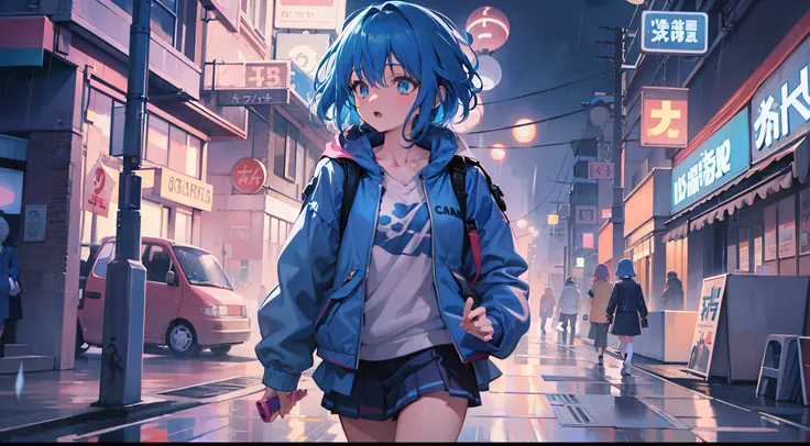 anime girl walking down street in rain at night,, in the art style of 8 0 s anime, the anime girl is running, ' ramona flowers '...