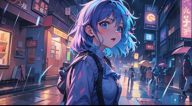 anime girl walking down street in rain at night,, in the art style of 8 0 s anime, the anime girl is running, ' ramona flowers '...