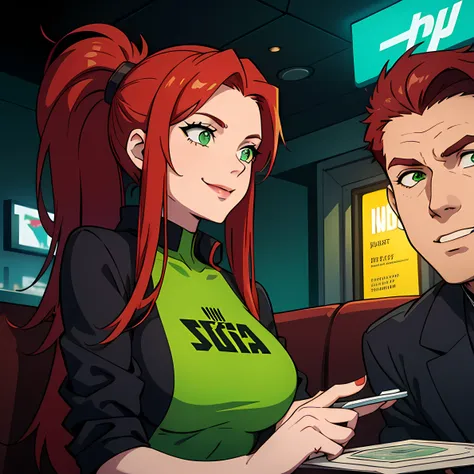 a smiling, red head waitress with a ponytail, with green eyes in a cyberpunk sci fi diner taking an order