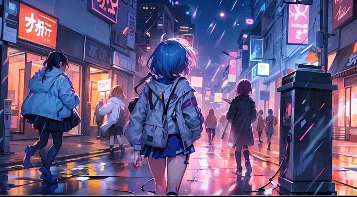 anime girl walking down street in rain at night,, in the art style of 8 0 s anime, the anime girl is running, ' ramona flowers '...