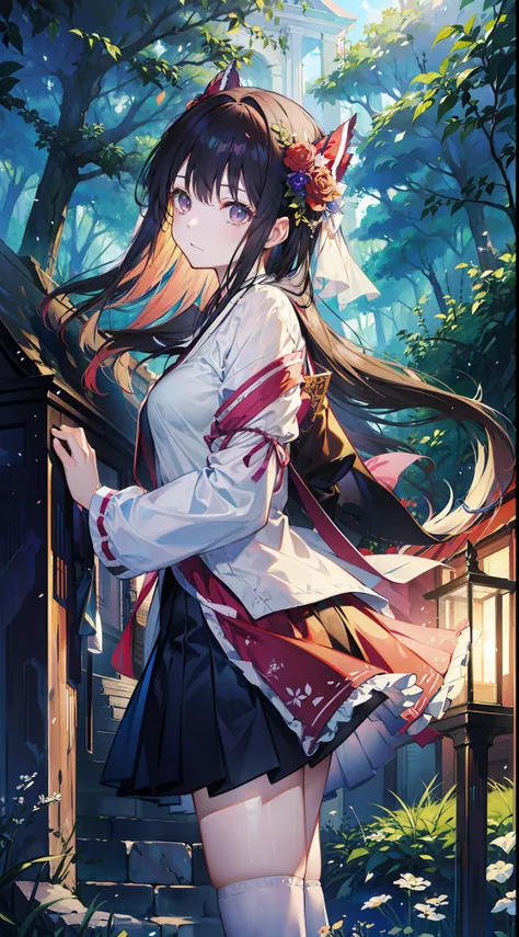 Masterpiece、masterwork、exquisite、beautiful Girl、shrine maiden、a miniskirt、ln the forest、Sunlight、Cute anime illustration、