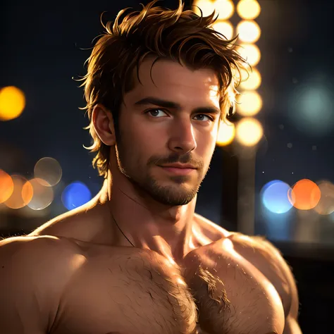 masterpiece, best quality, close-up portait, handsome shirtless scruffy daddy, (bokeh), realistic, dramatic lighting, atmospheri...