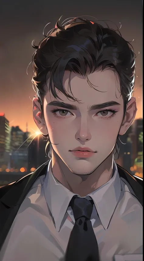 (absurdres, highres, ultra detailed, realistic, ), 1 male, solo, adult, mature, tall muscular guy, broad shoulders, handsome, very short hair, black hair, brown eyes, angular jaw, thick neck, thick eyebrows, night, dark, the night view of the city backgrou...