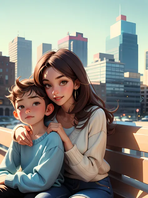 6-year-old boy with brown hair, on his mother's lap, also with shoulder-length brown hair, in a city full of modern buildings