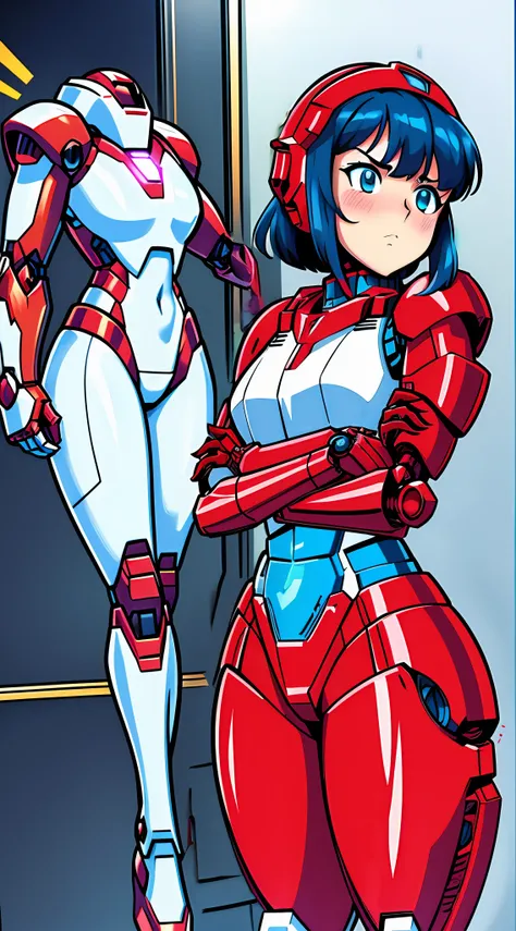 a close up of a cartoon of a woman in white and red armor, gainax anime style, fully robotic armor catgirl, red and cyan, girl i...