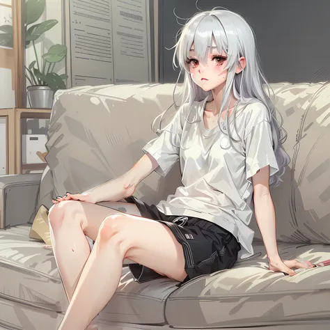 16-year-old teenage girl, thin, short height, big white shirt, black shorts, bare feet, sitting on sofa, long white hair and mes...