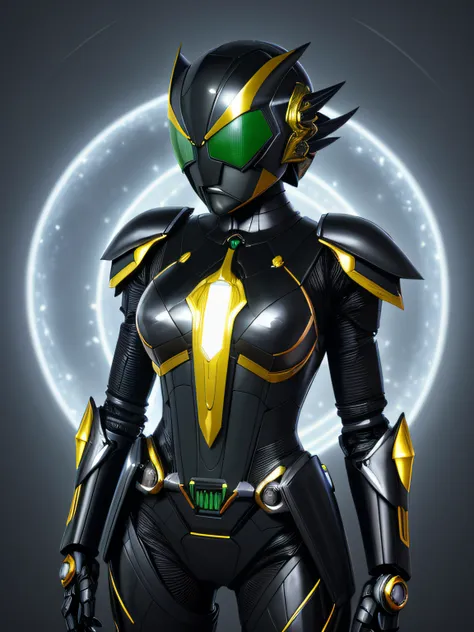 full body portrait of a beautiful black woman as a solarpunk mecha humanoid, ((with kamen rider helmet)) sharp focus, digital ar...