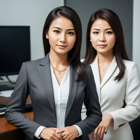 arafed moslem indonesian woman in a gray suit posing for a picture, wearing moslem business suit, moslem woman in business suit,...