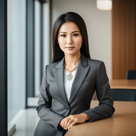 one arafed moslem indonesian woman in a gray suit posing for a picture, wearing moslem business suit, moslem woman in business s...