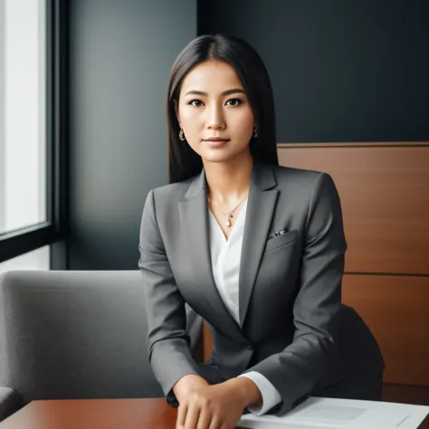 one arafed moslem indonesian woman in a gray suit posing for a picture, wearing moslem business suit, moslem woman in business s...