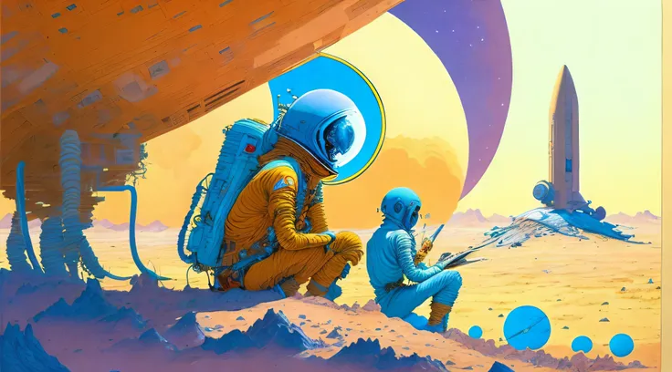 a painting of a astronauts in space suit, repairing a large spaceship, alien planet, ringed planet by moebius jean giraud