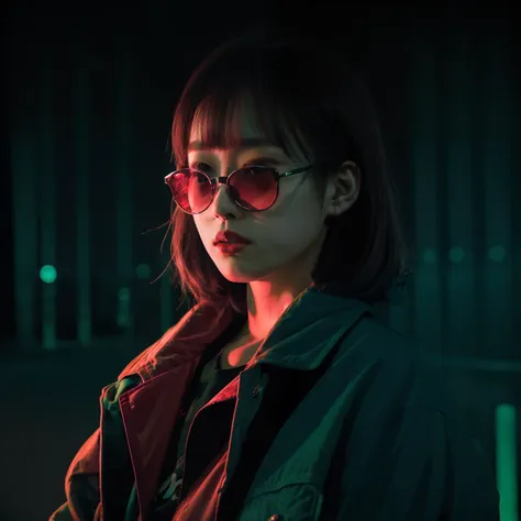 dslr photo, japanese woman wearing a red jacket, sunglasses, neonnoir, neon, soft lighting, realistic, green lighting, hard shad...