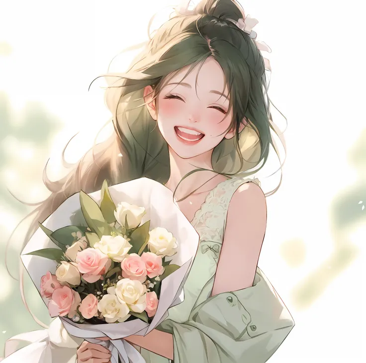 anime girl holding flowers in her hand，with a smile on his face, with flowers, guviz, she expressing joy, beautiful and smiling,...