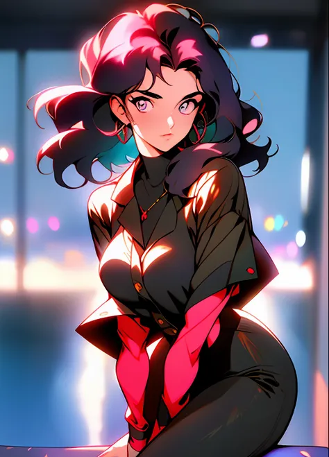 90s anime style,tmasterpiece,best qualityer,highest quality,realisticlying,perfectanatomy,perfectface,Perfect eyes,long eyelasher,largeeyes,eye glass,lipstick,Business suit,1girll,独奏,(short detailed hair),Business suit,black lence stockings,eBlue eyes,sha...