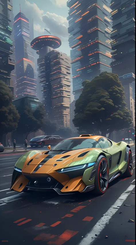 a futuristic sports car on the street of a futuristic city