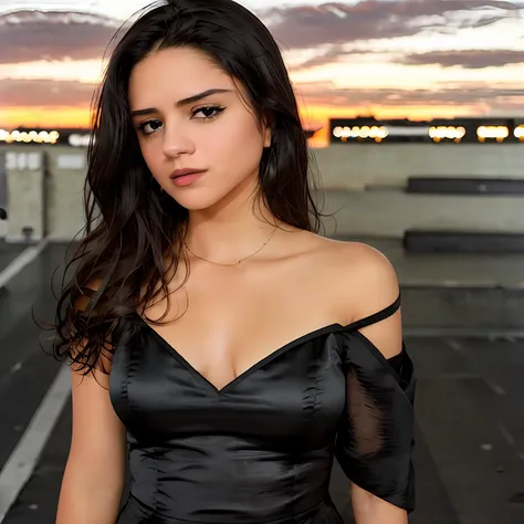 photo of Sasha Calle in a black dress, black hair, short hair, tan skin, makeup, dark lips, standing in a city parking lot at night, dark background, sunset, detailed skin, detailed eyes, depth of field, 8k uhd, dslr, dim lighting, high quality, film grain...