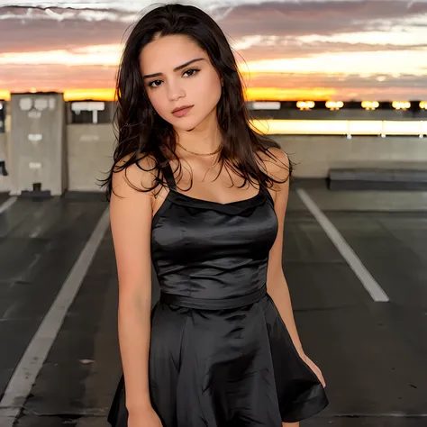 photo of sasha calle in a black dress, black hair, short hair, tan skin, makeup, dark lips, standing in a city parking lot at ni...