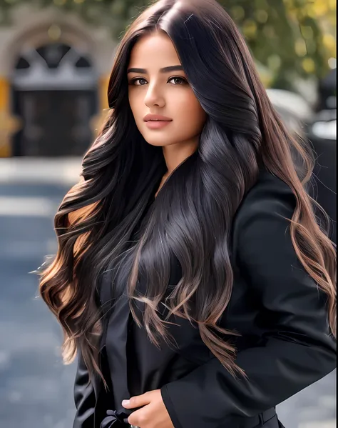 a beautiful woman with long hair wearing a black jacket and a black shirt and a black jacket and a black shirt
masterpiece, ultr...