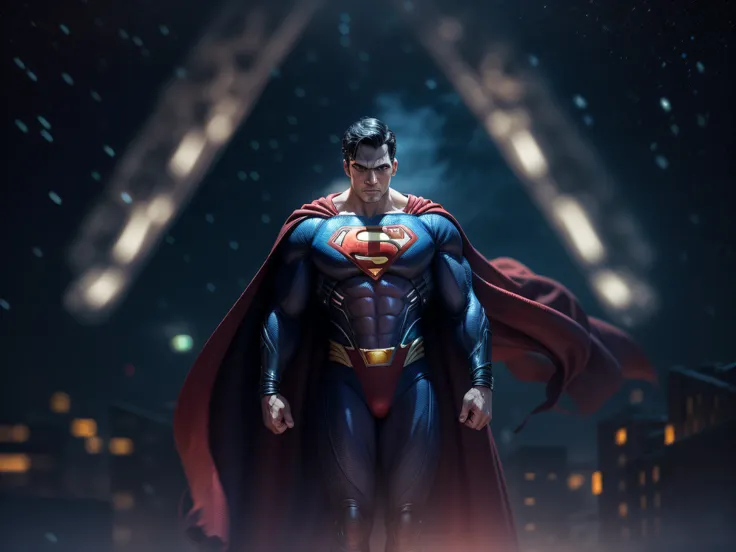 close a powerful threat, superman's imposing appearance, menacing stare, ricamente detalhado, hiper realista, 3d-rendering, obra...